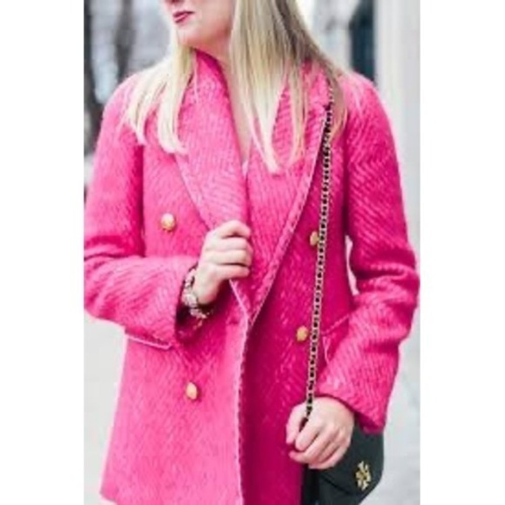 J.Crew Pink Herringbone Tweed Double Breasted Blazer Gold Crest Buttons - Picture 3 of 16